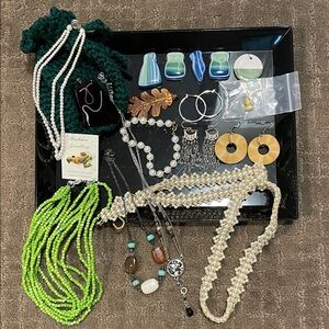 Vintage Mixed Lot Assorted Jewelry Beaded Necklaces Earrings Pin Glass Pendants